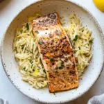Homemade Salmon Aglio e Olio with Lemon Parmesan Orzo. recipe photo