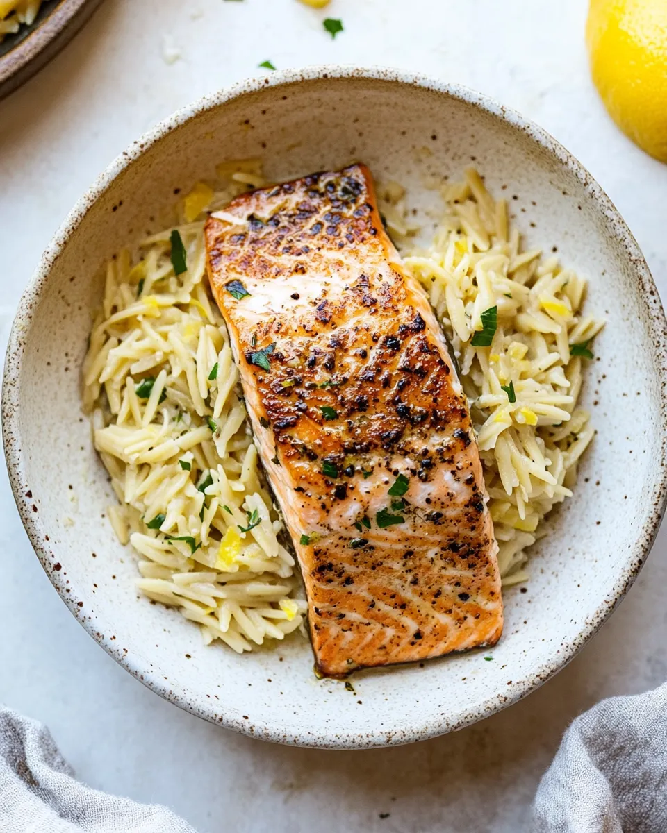Homemade Salmon Aglio e Olio with Lemon Parmesan Orzo. recipe photo