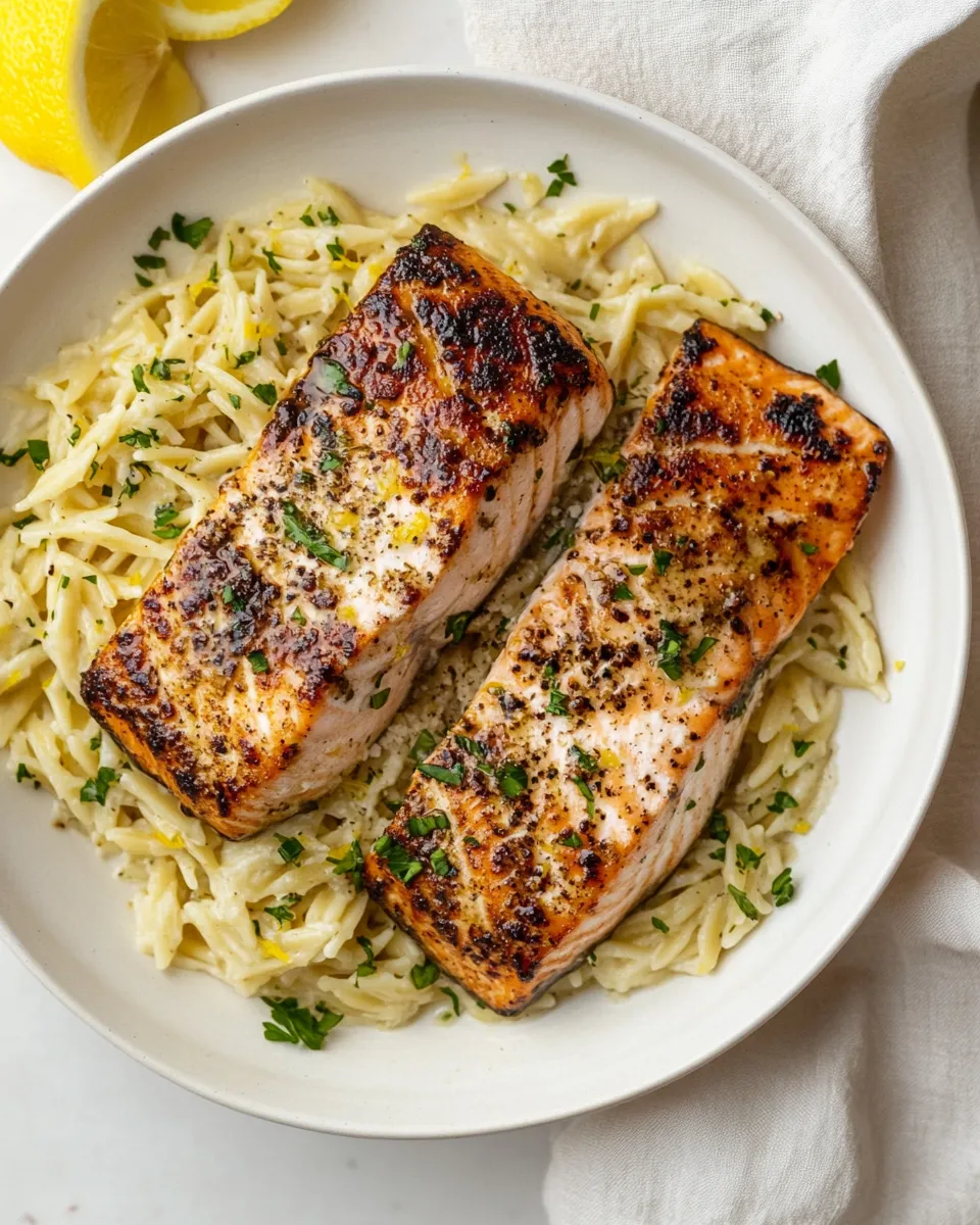 Classic Salmon Aglio e Olio with Lemon Parmesan Orzo. dish photo