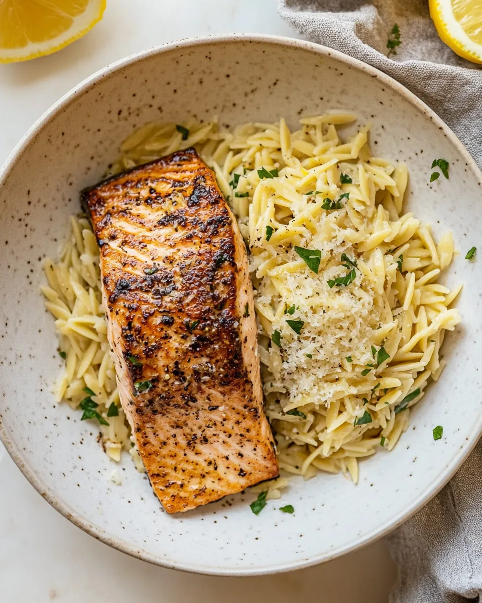 Easy Salmon Aglio e Olio with Lemon Parmesan Orzo. photo