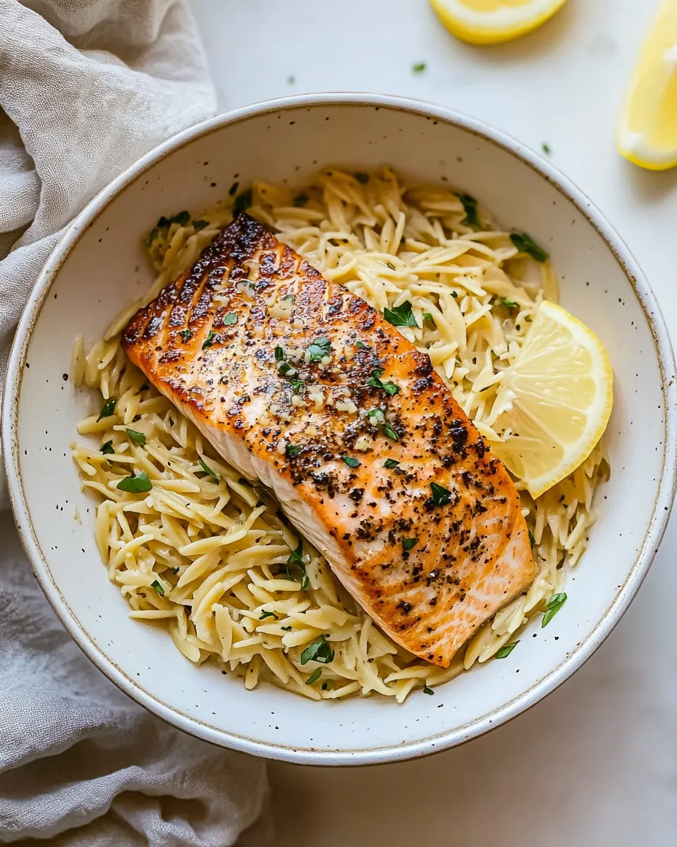 Delicious Salmon Aglio e Olio with Lemon Parmesan Orzo. recipe image