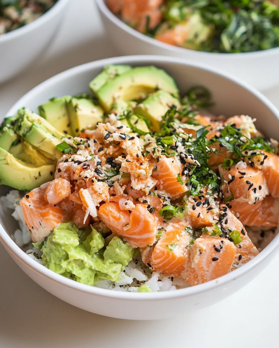 Delicious Salmon Poke Bowls with Crab Salad food shot