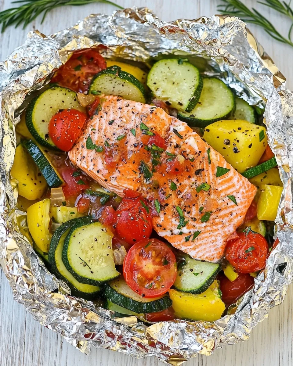 Healthy Salmon and Summer Veggies in Foil dish photo