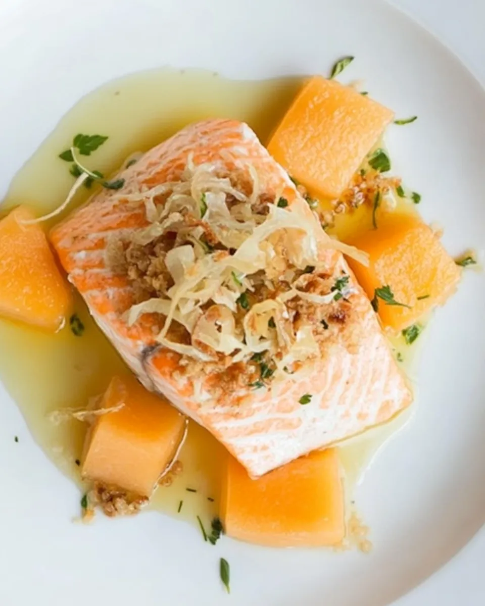 Delicious Salmon with Cantaloupe and Fried Shallots dish photo