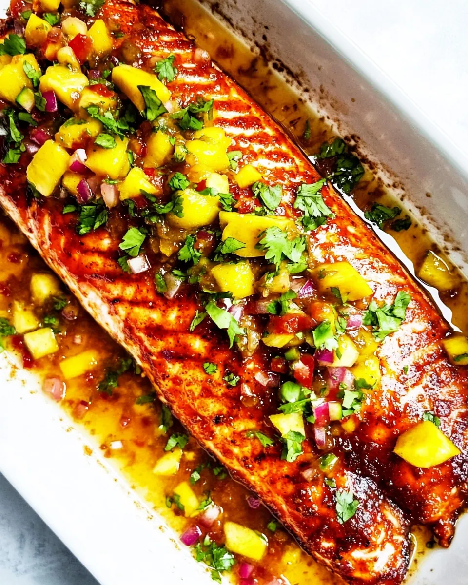 Delicious Salmon with Mango Salsa food shot