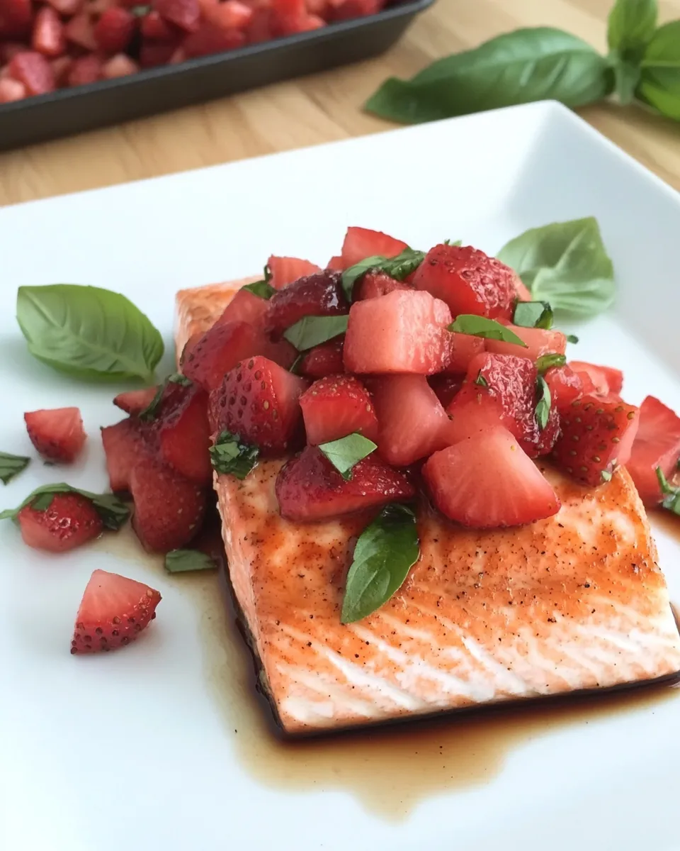Healthy Salmon with Strawberries, Balsamic and Basil food shot