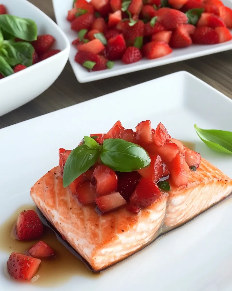 Homemade Salmon with Strawberries, Balsamic and Basil plate image