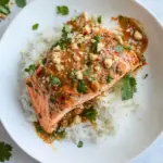 Homemade Salmon with Thai-Style Curry Peanut Sauce and Coconut Cilantro Rice. recipe photo
