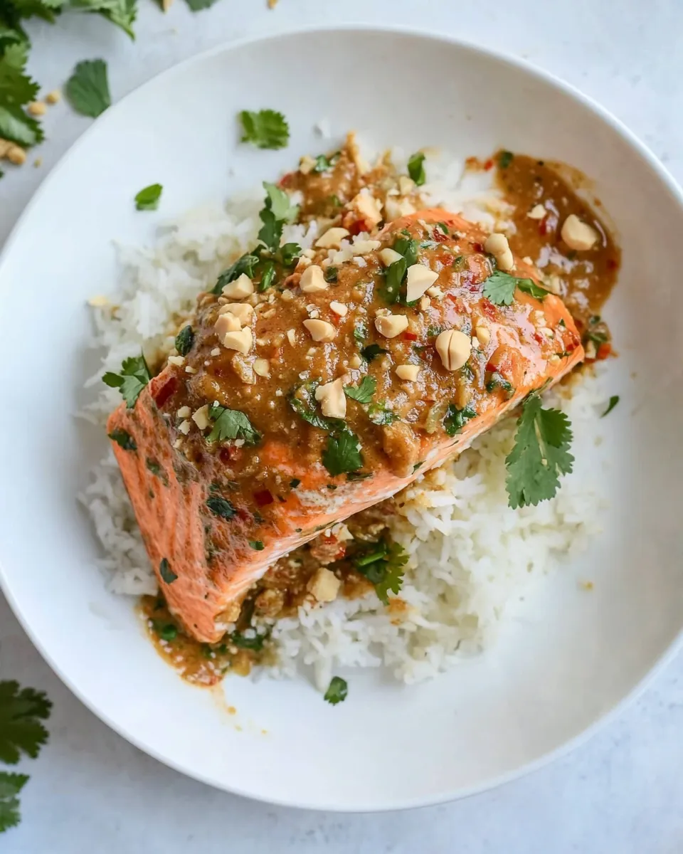 Homemade Salmon with Thai-Style Curry Peanut Sauce and Coconut Cilantro Rice. recipe photo