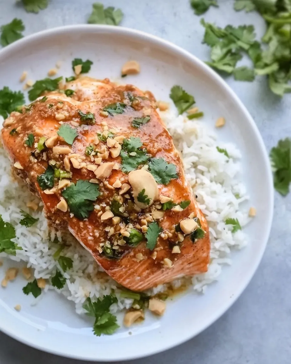 Classic Salmon with Thai-Style Curry Peanut Sauce and Coconut Cilantro Rice. dish photo