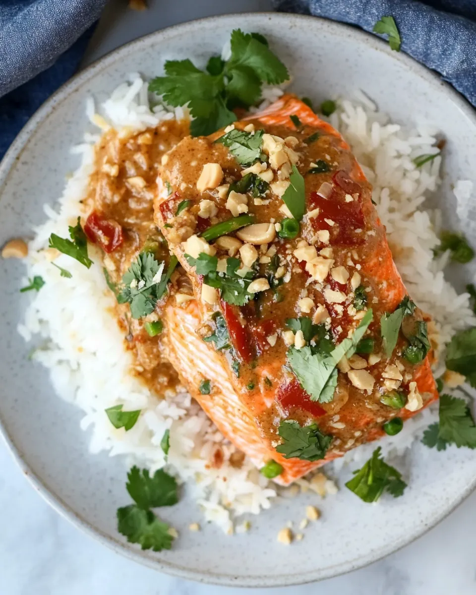 Easy Salmon with Thai-Style Curry Peanut Sauce and Coconut Cilantro Rice. food shot