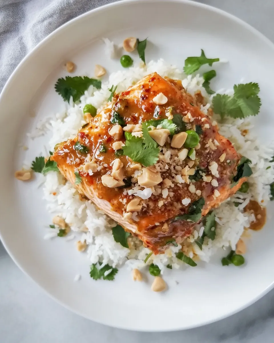 Delicious Salmon with Thai-Style Curry Peanut Sauce and Coconut Cilantro Rice. plate image