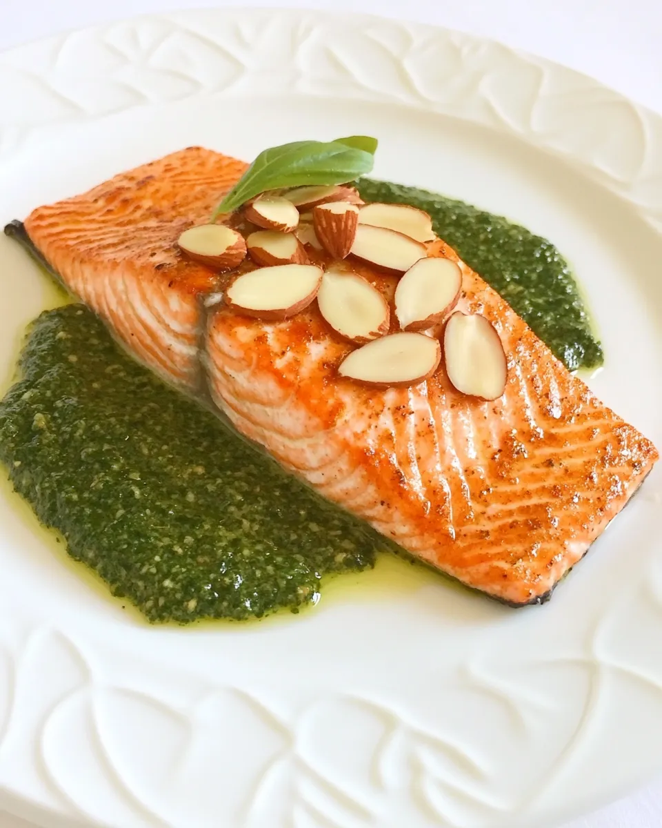 Healthy Seared Salmon with Toasted Almond Pesto dish photo