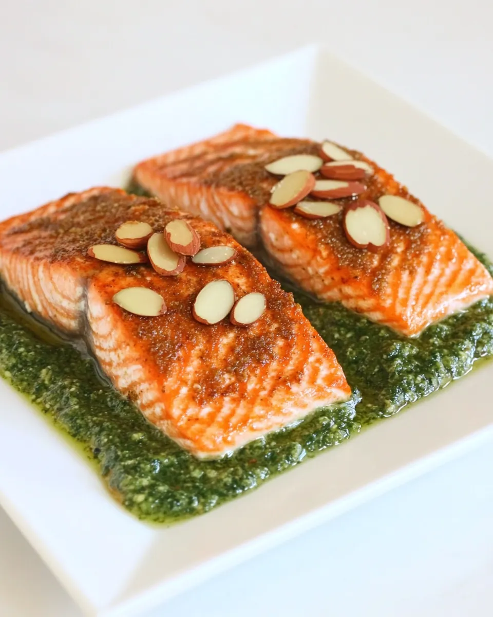 Easy Seared Salmon with Toasted Almond Pesto food shot