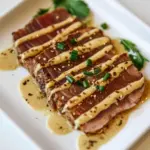 Delicious Seared Tuna with Wasabi Cream food shot