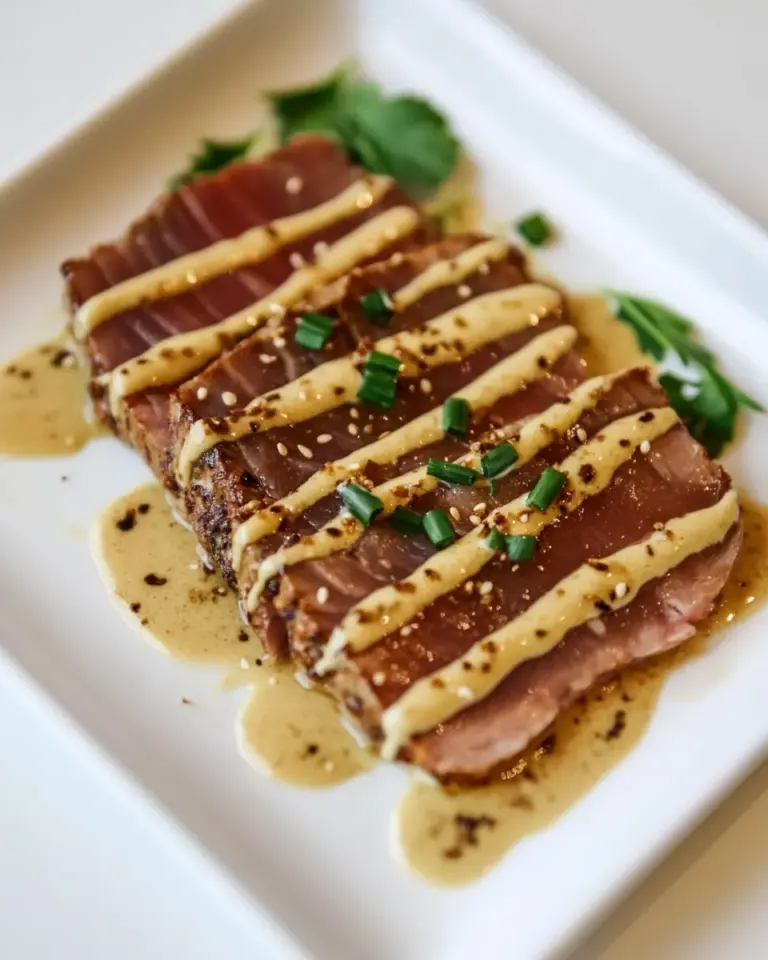 Delicious Seared Tuna with Wasabi Cream food shot