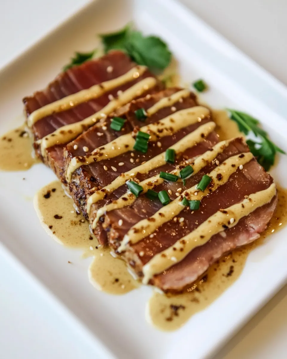 Delicious Seared Tuna with Wasabi Cream food shot