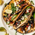 Homemade Sheet Pan Steak and Chipotle Corn Tacos. food shot