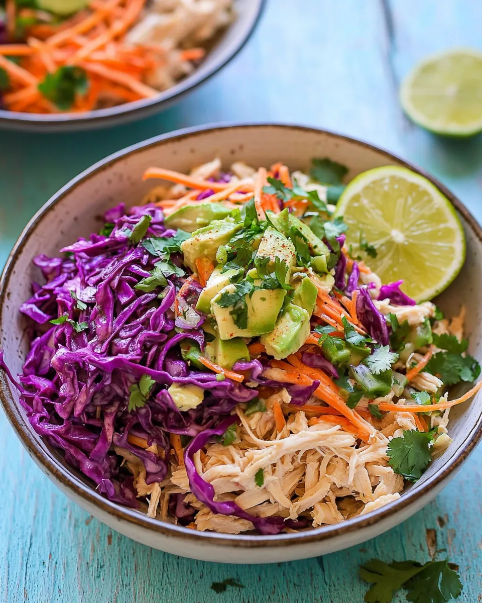 Easy Shredded Chicken Burrito Bowls with Cabbage Slaw food shot