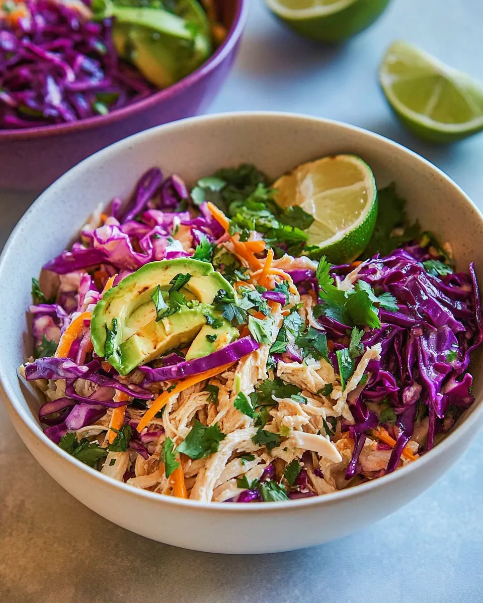 Delicious Shredded Chicken Burrito Bowls with Cabbage Slaw plate image
