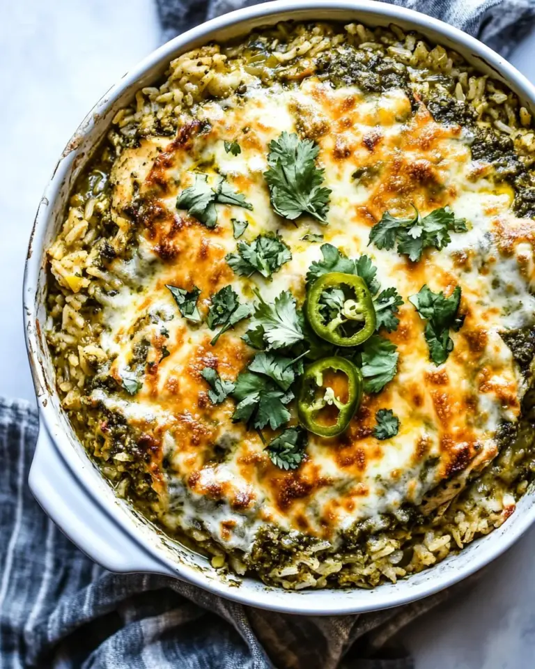 Sweet Skillet Salsa Verde Chicken Tortilla Rice Bake. food shot