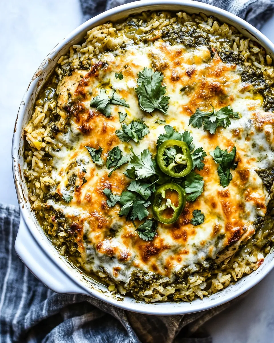 Sweet Skillet Salsa Verde Chicken Tortilla Rice Bake. food shot