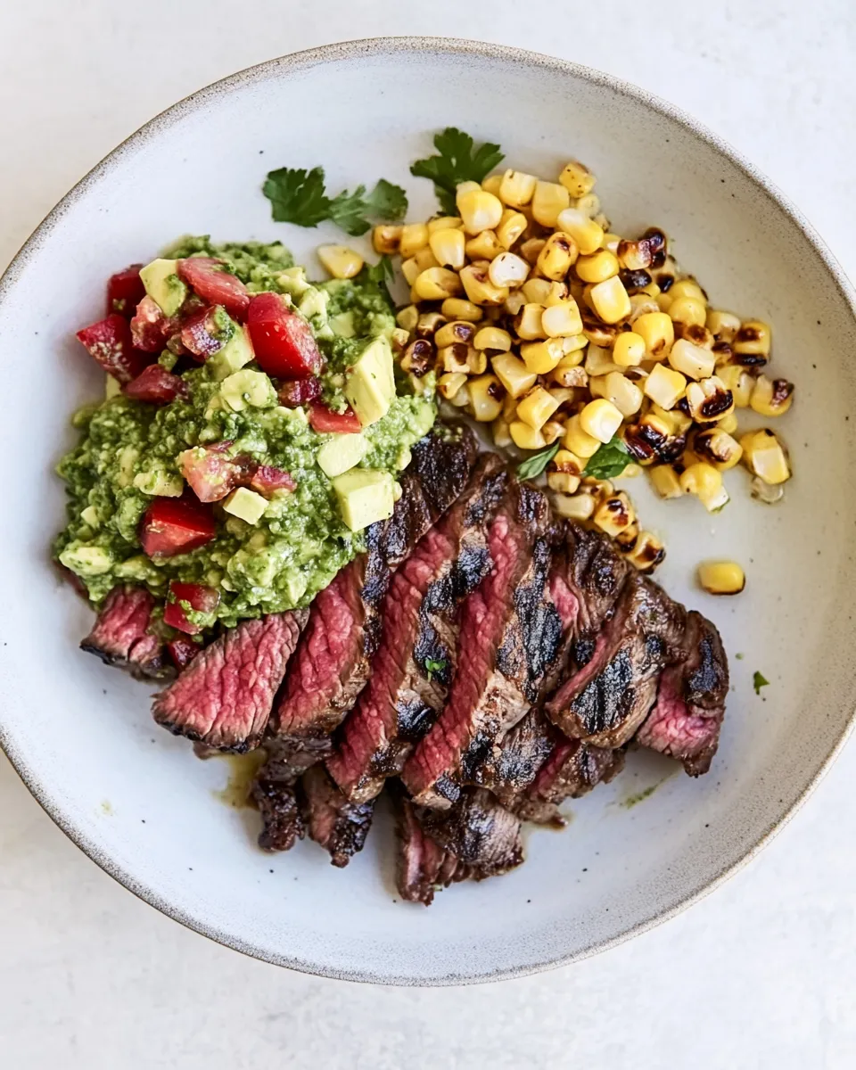 Homemade Skirt Steak with Avocado Pesto and Grilled Corn Relish. recipe photo