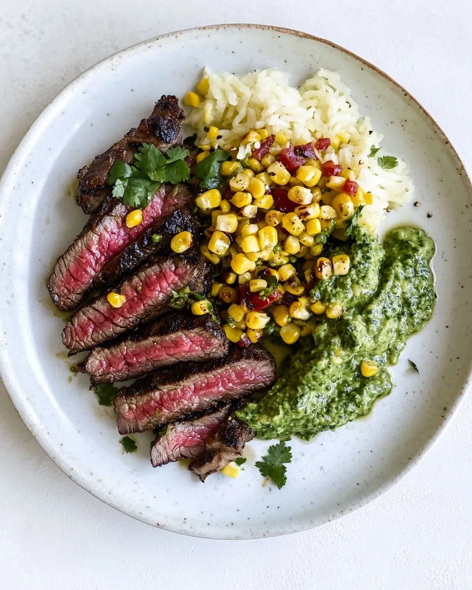 Classic Skirt Steak with Avocado Pesto and Grilled Corn Relish. dish photo