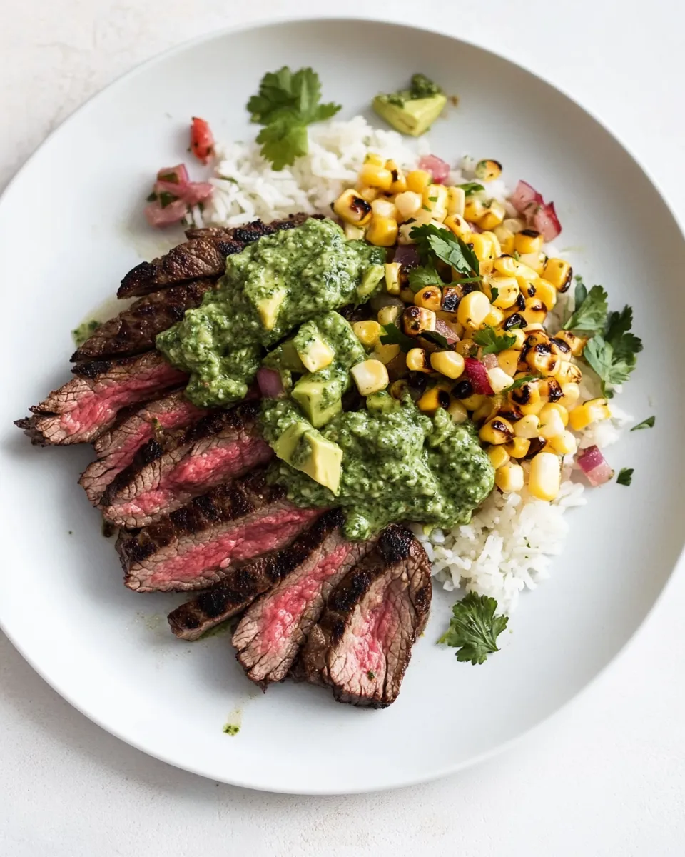 Easy Skirt Steak with Avocado Pesto and Grilled Corn Relish. food shot