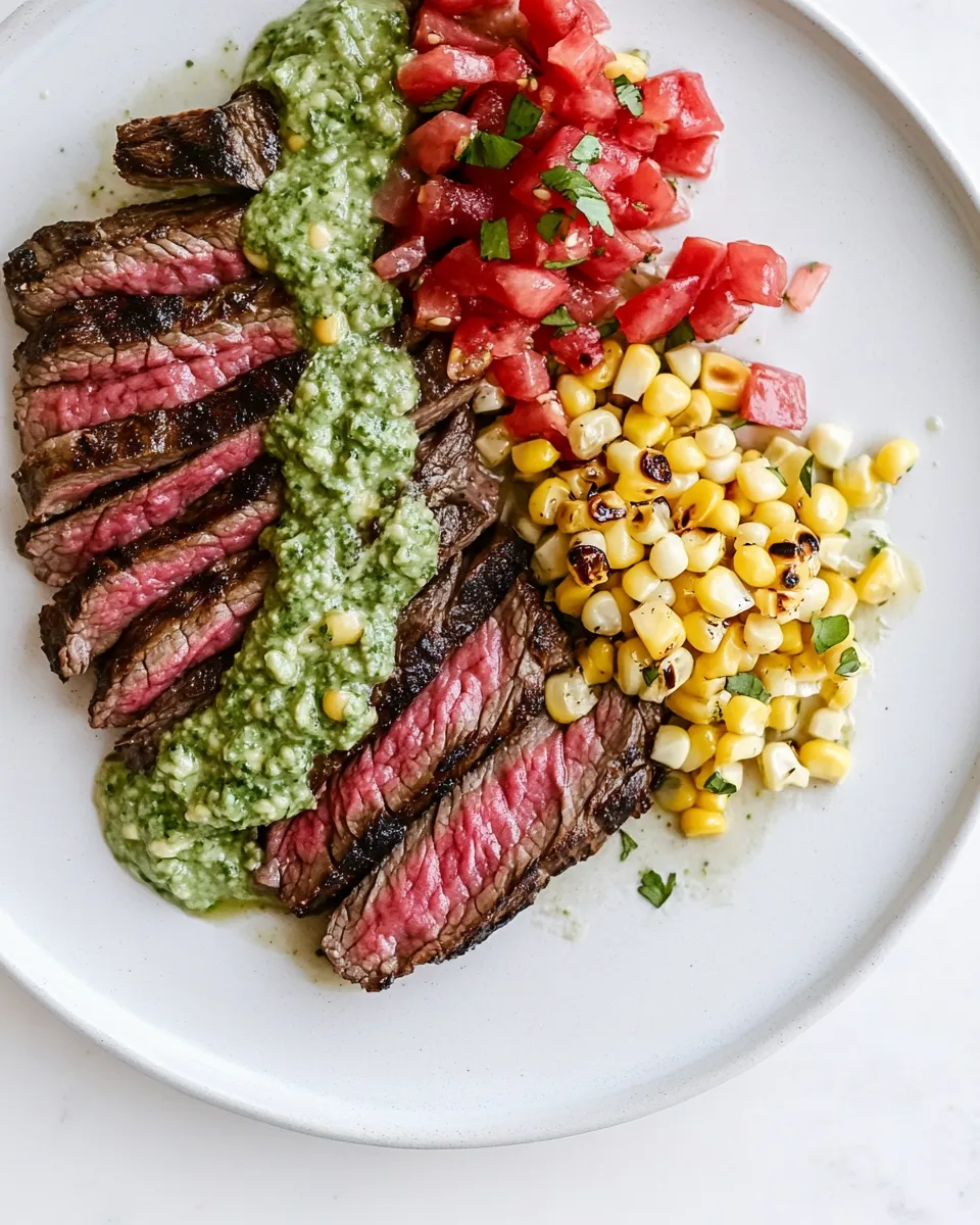 Delicious Skirt Steak with Avocado Pesto and Grilled Corn Relish. plate image