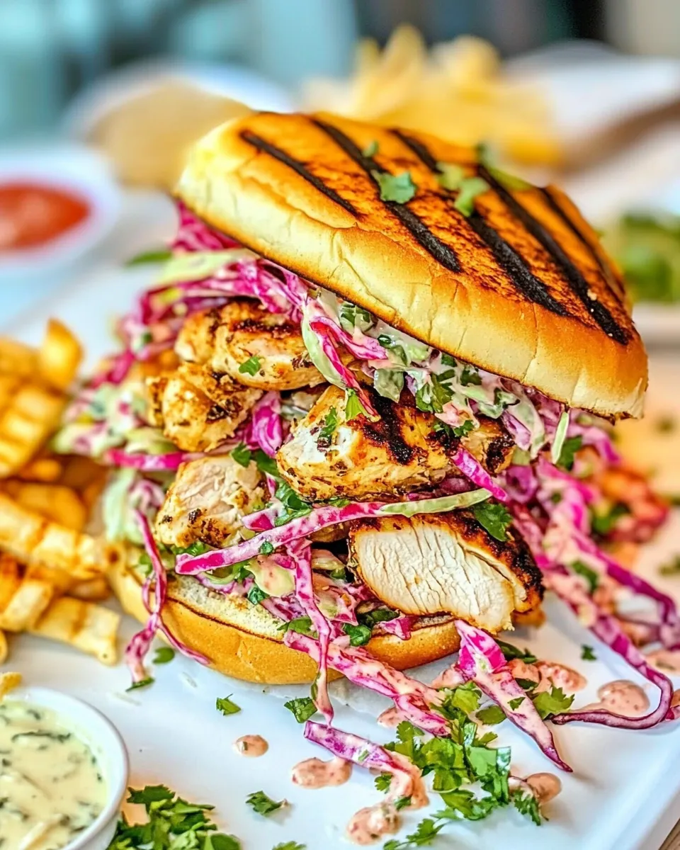 Delicious Smoked Chicken Sandwich with Kimchi Slaw food shot