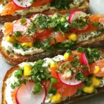 Homemade Smoked Salmon Tartines with Fresh Herbs, Radishes, and Creamy Wasabi Spread recipe photo
