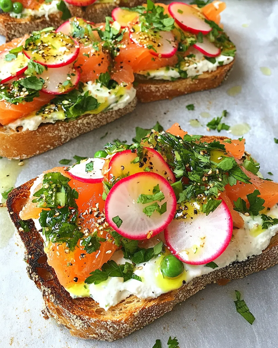 Easy Smoked Salmon Tartines with Fresh Herbs, Radishes, and Creamy Wasabi Spread food shot