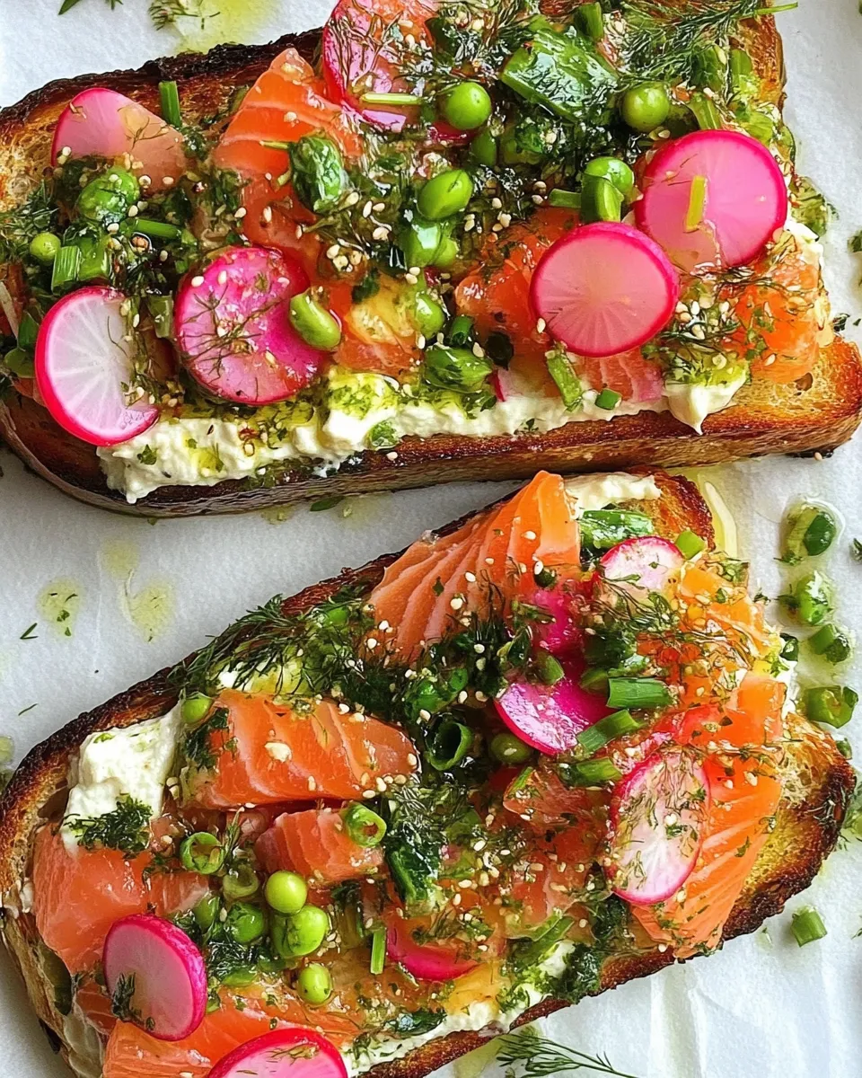 Delicious Smoked Salmon Tartines with Fresh Herbs, Radishes, and Creamy Wasabi Spread plate image