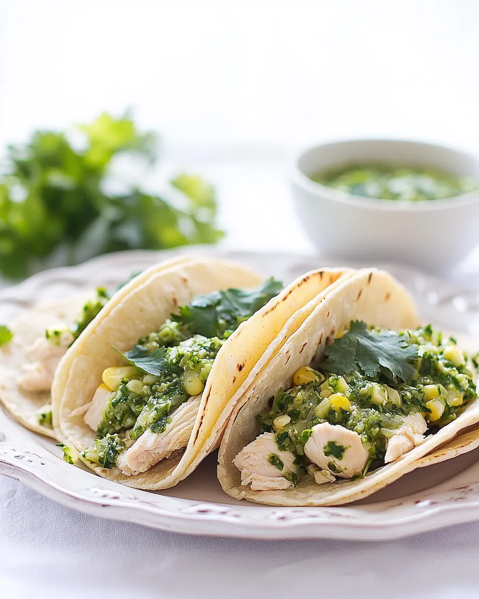 Easy Soft Chicken Tacos with Cilantro Chimichurri and Homemade Corn Tortillas food shot
