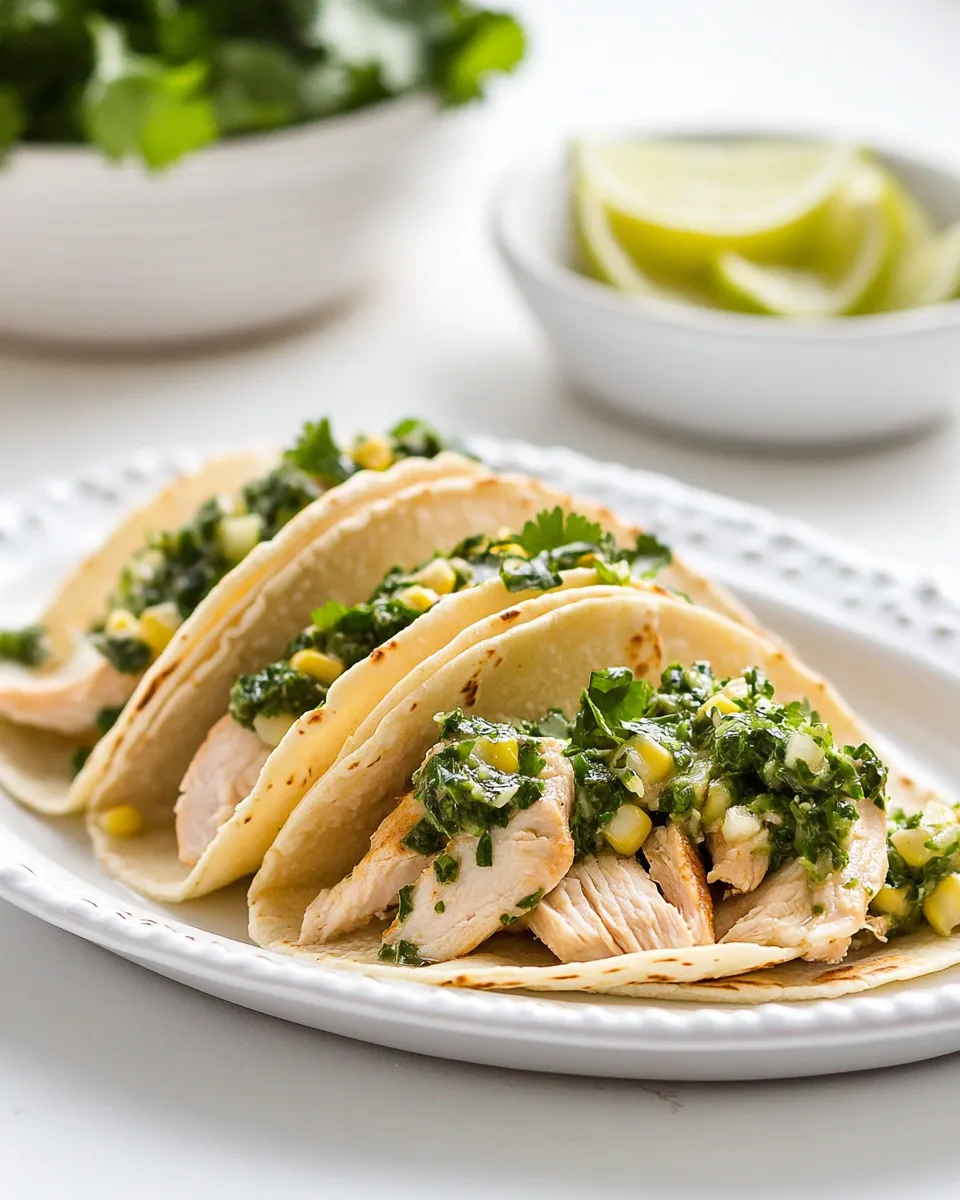 Delicious Soft Chicken Tacos with Cilantro Chimichurri and Homemade Corn Tortillas plate image