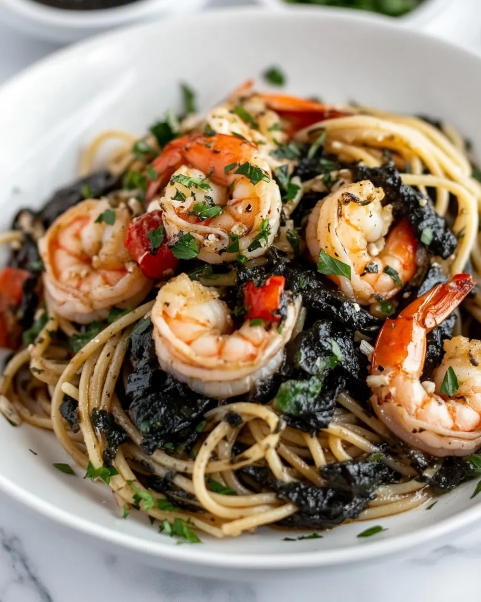 Delicious Spaghetti Nero with Garlic Shrimp plate image