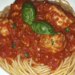 homemade Spaghetti Rigati with Chicken and Tomato Sauce photo