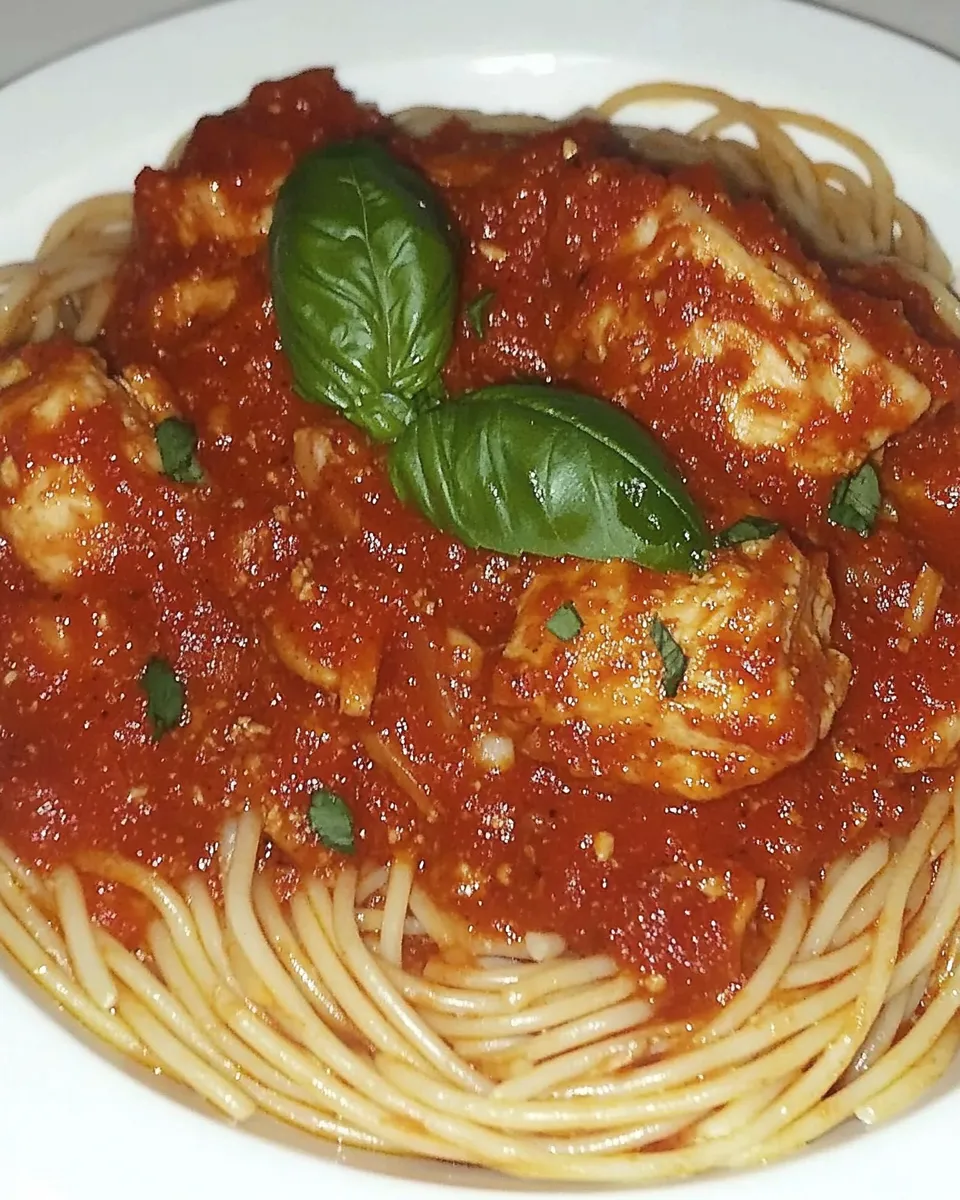 homemade Spaghetti Rigati with Chicken and Tomato Sauce photo