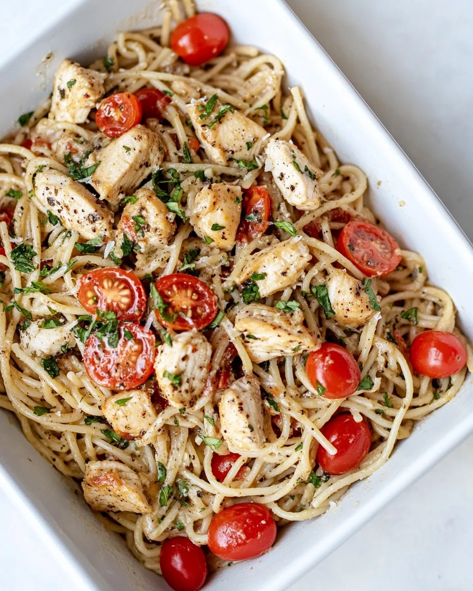 Delicious Spaghetti with Chicken and Grape Tomatoes dish photo