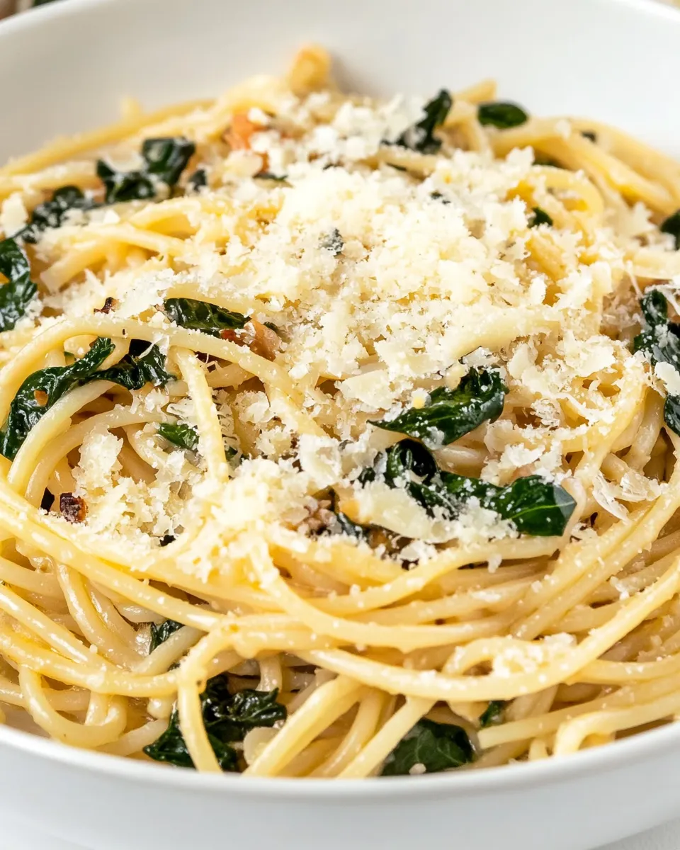delicious Spaghetti with Garlic, Chard, and Cheese shot