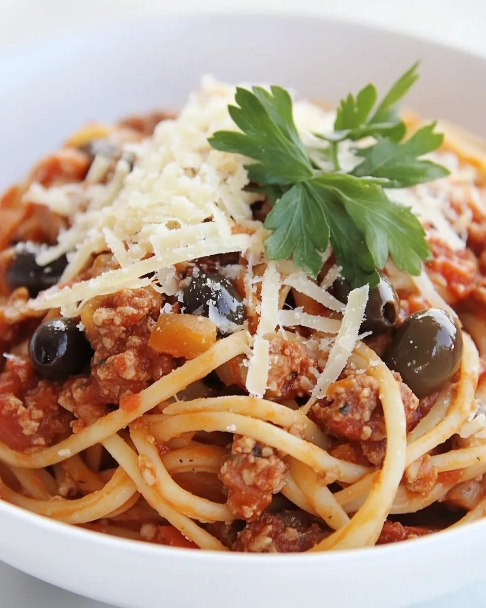 homemade Spaghetti with Italian Sausage and Olives photo