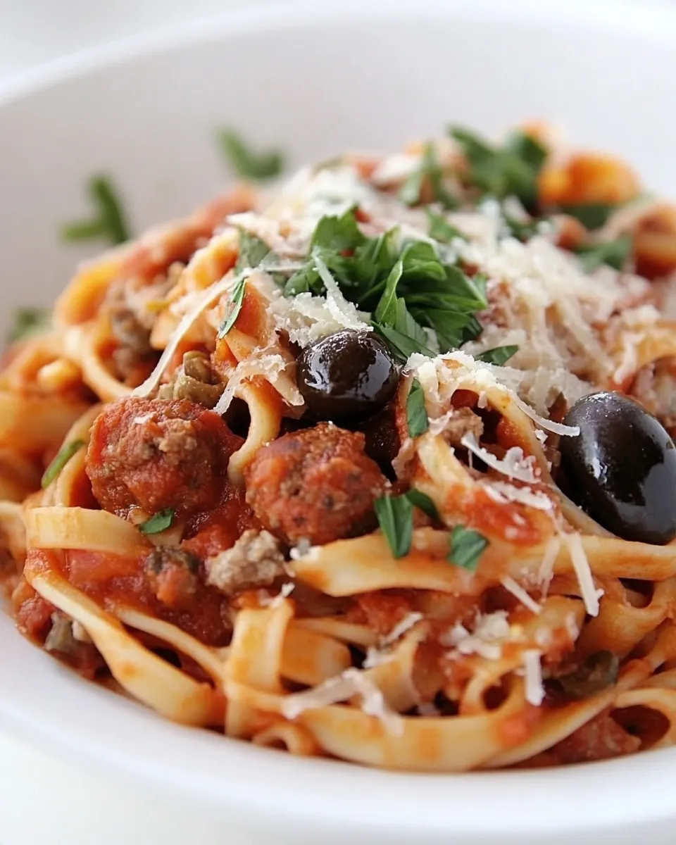 delicious Spaghetti with Italian Sausage and Olives plate image