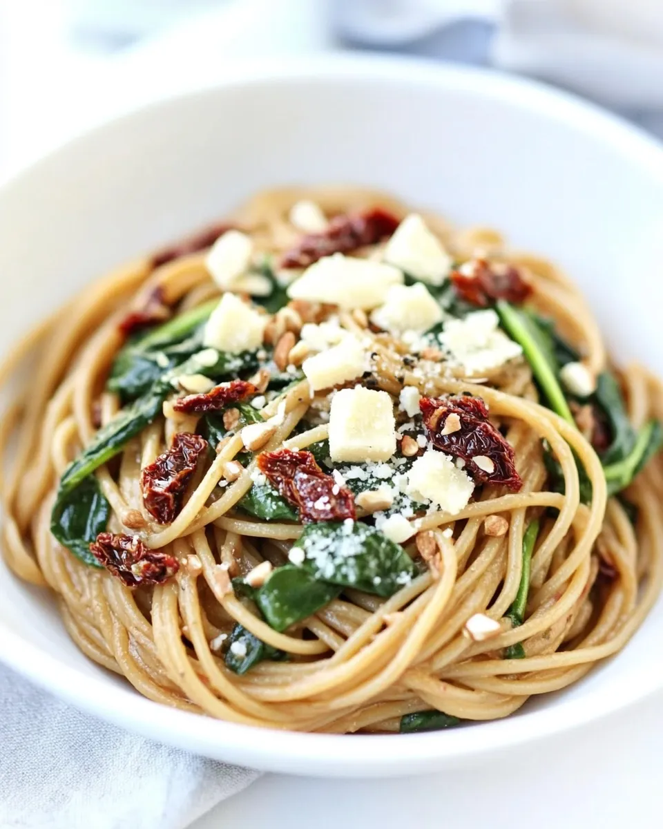 homemade Spaghetti with Sun Dried Tomatoes & Spinach photo