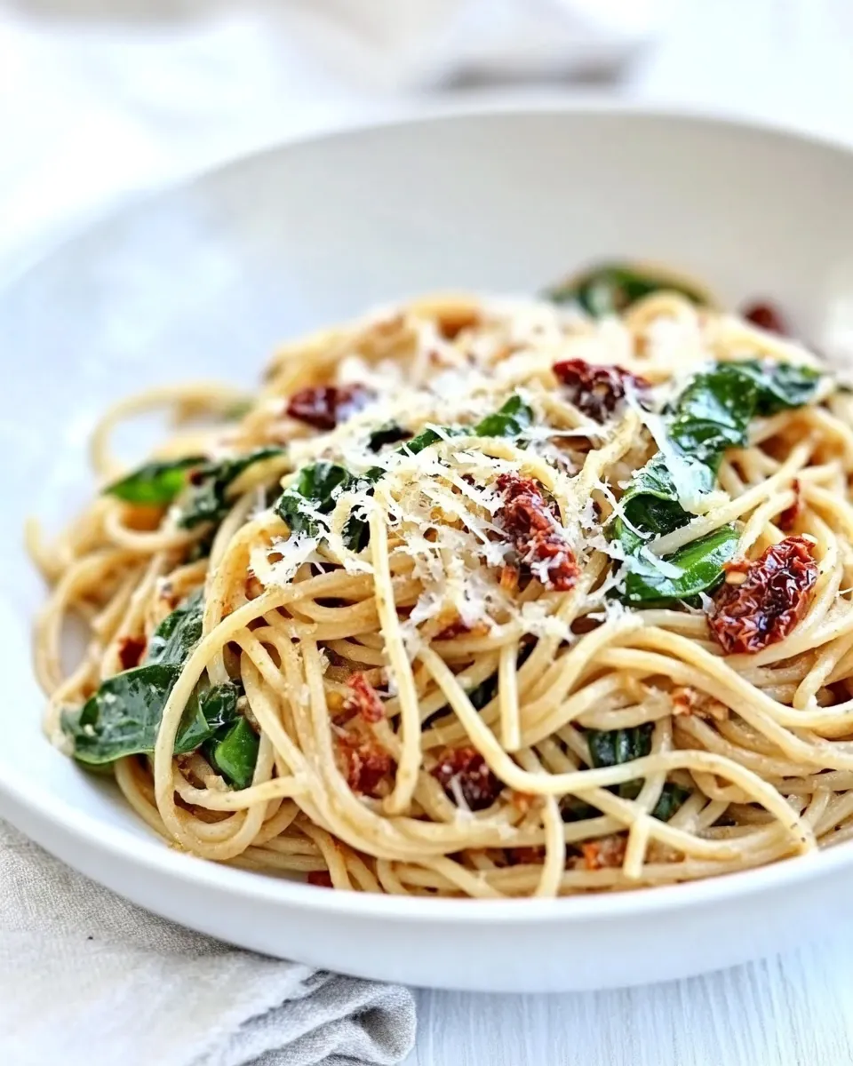 delicious Spaghetti with Sun Dried Tomatoes & Spinach shot