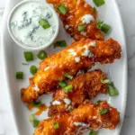 homemade Sticky Chicken Fingers with Yogurt Blue Cheese Sauce. photo
