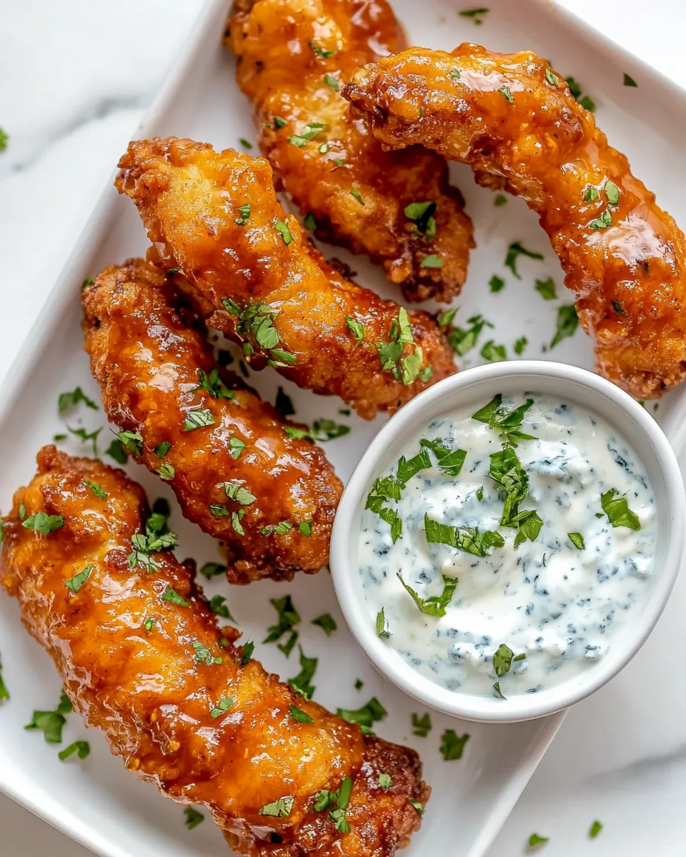 delicious Sticky Chicken Fingers with Yogurt Blue Cheese Sauce. shot