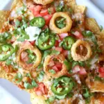 Homemade Summer BBQ Chicken Nachos with Buttermilk Onion Rings. recipe photo