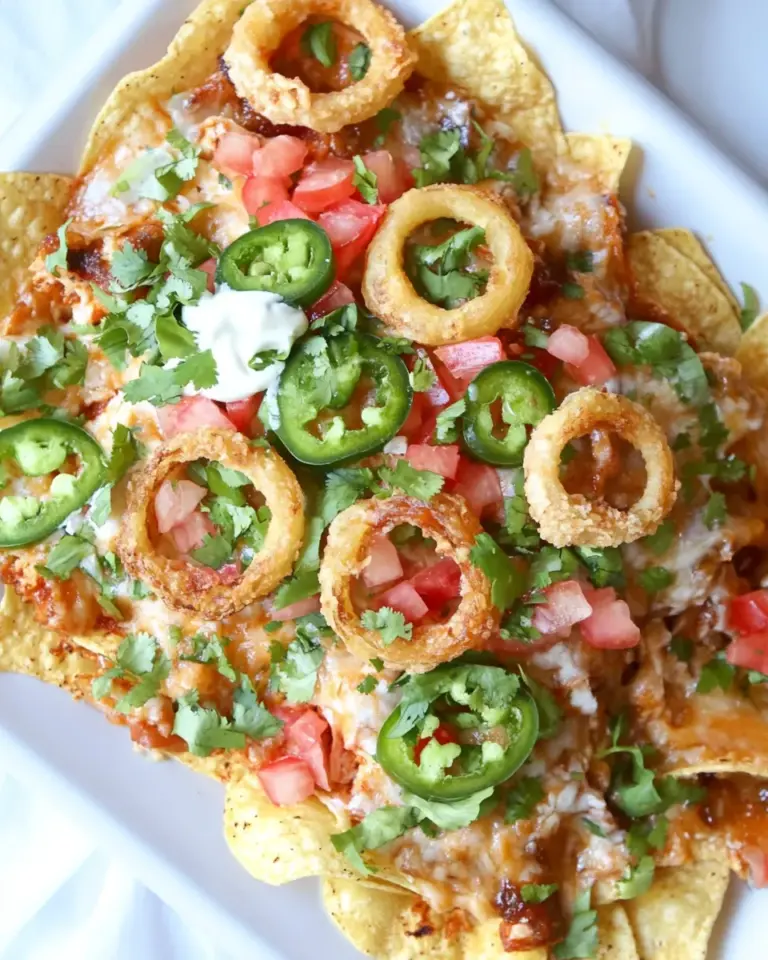 Homemade Summer BBQ Chicken Nachos with Buttermilk Onion Rings. recipe photo
