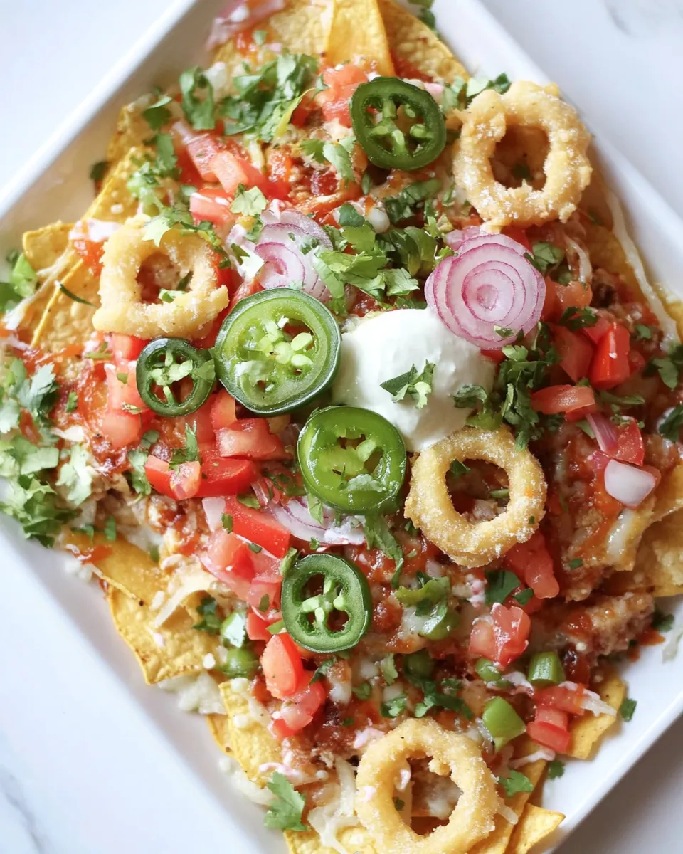 Classic Summer BBQ Chicken Nachos with Buttermilk Onion Rings. food shot